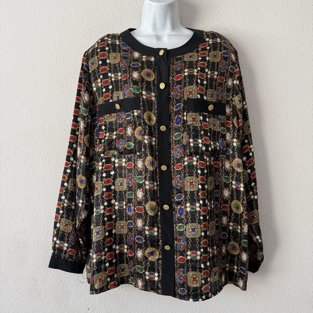 Vtg 80s 90s La Chine Galinda Wang Top Plus 22W Baroque Jewel Chain Print Blouse